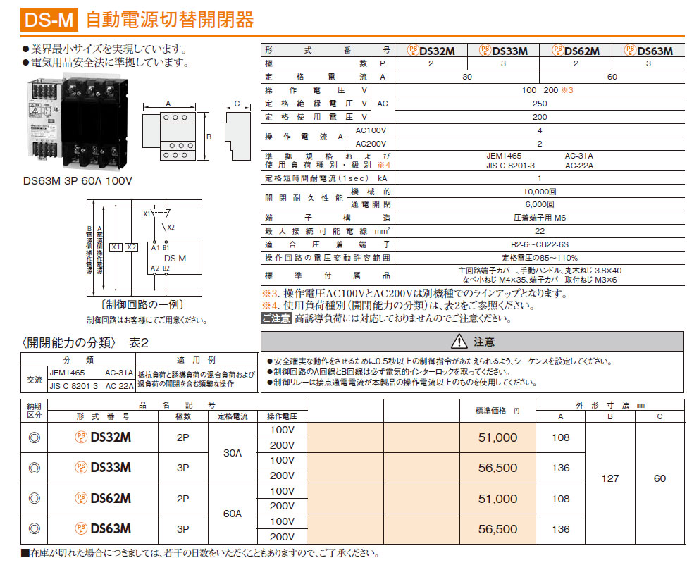 DS32M 2P 30A 100V 自動電源切替開閉器,（電設資材）,の通販 詳細情報,電設資材・電線・ケーブル・安全用品 ネット通販  Watanabe 電設資材 電線 ケーブル ネット 通販 Watanabe