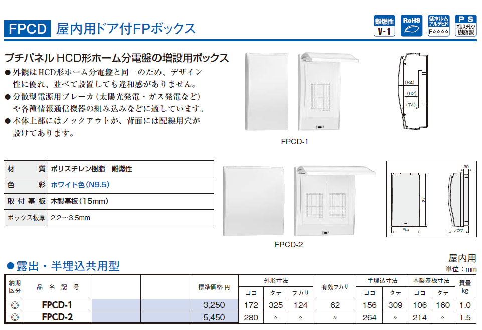 FPCD-2 屋内用ドア付FPボックス 露出・半埋込共用型,（電設資材）,の