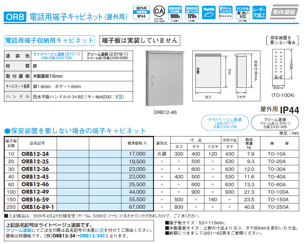 ORB12-35 電話用端子キャビネット（屋外用） 木製基板付,（電設資材