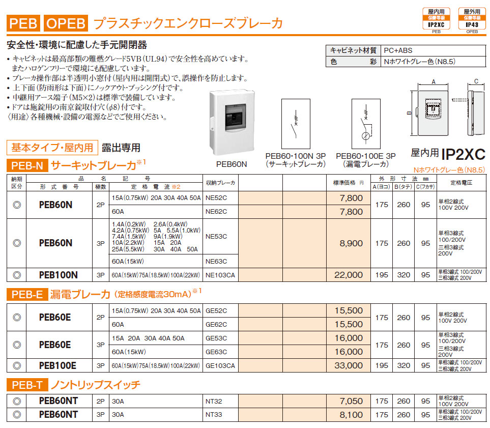PEB60E 2P 40A プラスチックエンクローズブレーカ 基本タイプ・屋内用 漏電ブレーカ,（電設資材）,の通販  詳細情報,電設資材・電線・ケーブル・安全用品 ネット通販 Watanabe 電設資材 電線 ケーブル ネット 通販 Watanabe